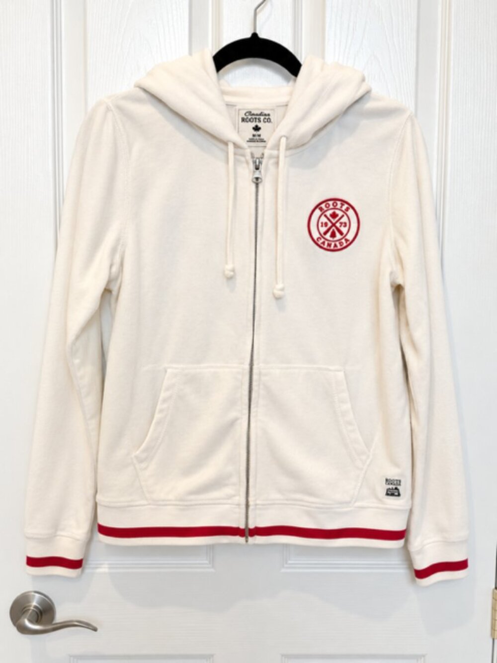 Roots Cabin Canada Hoodie Women’s M Cream Red Preppy Heritage Full Zip